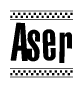 The image is a black and white clipart of the text Aser in a bold, italicized font. The text is bordered by a dotted line on the top and bottom, and there are checkered flags positioned at both ends of the text, usually associated with racing or finishing lines.