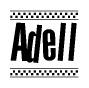 The image contains the text Adell in a bold, stylized font, with a checkered flag pattern bordering the top and bottom of the text.