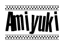 The image is a black and white clipart of the text Amiyuki in a bold, italicized font. The text is bordered by a dotted line on the top and bottom, and there are checkered flags positioned at both ends of the text, usually associated with racing or finishing lines.