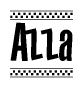 The image contains the text Azza in a bold, stylized font, with a checkered flag pattern bordering the top and bottom of the text.