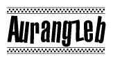 The clipart image displays the text Aurangzeb in a bold, stylized font. It is enclosed in a rectangular border with a checkerboard pattern running below and above the text, similar to a finish line in racing. 