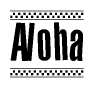 The clipart image displays the text Aloha in a bold, stylized font. It is enclosed in a rectangular border with a checkerboard pattern running below and above the text, similar to a finish line in racing. 