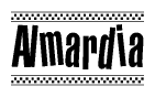 The image contains the text Almardia in a bold, stylized font, with a checkered flag pattern bordering the top and bottom of the text.
