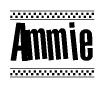 The image is a black and white clipart of the text Ammie in a bold, italicized font. The text is bordered by a dotted line on the top and bottom, and there are checkered flags positioned at both ends of the text, usually associated with racing or finishing lines.