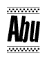 The image contains the text Abu in a bold, stylized font, with a checkered flag pattern bordering the top and bottom of the text.