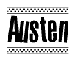 The image contains the text Austen in a bold, stylized font, with a checkered flag pattern bordering the top and bottom of the text.