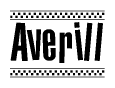 The clipart image displays the text Averill in a bold, stylized font. It is enclosed in a rectangular border with a checkerboard pattern running below and above the text, similar to a finish line in racing. 