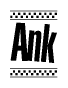 The image is a black and white clipart of the text Ank in a bold, italicized font. The text is bordered by a dotted line on the top and bottom, and there are checkered flags positioned at both ends of the text, usually associated with racing or finishing lines.