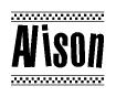 The clipart image displays the text Alison in a bold, stylized font. It is enclosed in a rectangular border with a checkerboard pattern running below and above the text, similar to a finish line in racing. 
