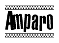The image is a black and white clipart of the text Amparo in a bold, italicized font. The text is bordered by a dotted line on the top and bottom, and there are checkered flags positioned at both ends of the text, usually associated with racing or finishing lines.