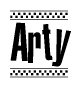 The clipart image displays the text Arty in a bold, stylized font. It is enclosed in a rectangular border with a checkerboard pattern running below and above the text, similar to a finish line in racing. 
