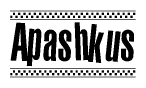 The image contains the text Apashkus in a bold, stylized font, with a checkered flag pattern bordering the top and bottom of the text.