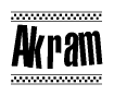 The image contains the text Akram in a bold, stylized font, with a checkered flag pattern bordering the top and bottom of the text.