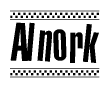 The image contains the text Alnork in a bold, stylized font, with a checkered flag pattern bordering the top and bottom of the text.