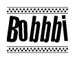 The image is a black and white clipart of the text Bobbbi in a bold, italicized font. The text is bordered by a dotted line on the top and bottom, and there are checkered flags positioned at both ends of the text, usually associated with racing or finishing lines.