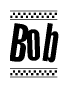 The image is a black and white clipart of the text Bob in a bold, italicized font. The text is bordered by a dotted line on the top and bottom, and there are checkered flags positioned at both ends of the text, usually associated with racing or finishing lines.