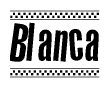 The clipart image displays the text Blanca in a bold, stylized font. It is enclosed in a rectangular border with a checkerboard pattern running below and above the text, similar to a finish line in racing. 