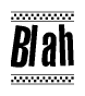 The image is a black and white clipart of the text Blah in a bold, italicized font. The text is bordered by a dotted line on the top and bottom, and there are checkered flags positioned at both ends of the text, usually associated with racing or finishing lines.