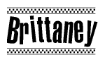 The image contains the text Brittaney in a bold, stylized font, with a checkered flag pattern bordering the top and bottom of the text.