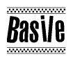 The image contains the text Basile in a bold, stylized font, with a checkered flag pattern bordering the top and bottom of the text.