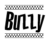 The image contains the text Buzzy in a bold, stylized font, with a checkered flag pattern bordering the top and bottom of the text.