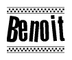The image contains the text Benoit in a bold, stylized font, with a checkered flag pattern bordering the top and bottom of the text.