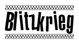 The image is a black and white clipart of the text Blitzkrieg in a bold, italicized font. The text is bordered by a dotted line on the top and bottom, and there are checkered flags positioned at both ends of the text, usually associated with racing or finishing lines.