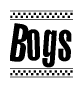 The image is a black and white clipart of the text Bogs in a bold, italicized font. The text is bordered by a dotted line on the top and bottom, and there are checkered flags positioned at both ends of the text, usually associated with racing or finishing lines.