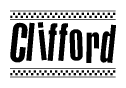 The image contains the text Clifford in a bold, stylized font, with a checkered flag pattern bordering the top and bottom of the text.