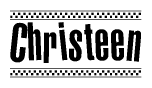 The image is a black and white clipart of the text Christeen in a bold, italicized font. The text is bordered by a dotted line on the top and bottom, and there are checkered flags positioned at both ends of the text, usually associated with racing or finishing lines.