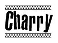 The image is a black and white clipart of the text Charry in a bold, italicized font. The text is bordered by a dotted line on the top and bottom, and there are checkered flags positioned at both ends of the text, usually associated with racing or finishing lines.