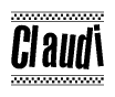 The image is a black and white clipart of the text Claudi in a bold, italicized font. The text is bordered by a dotted line on the top and bottom, and there are checkered flags positioned at both ends of the text, usually associated with racing or finishing lines.