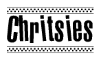 The image contains the text Chritsies in a bold, stylized font, with a checkered flag pattern bordering the top and bottom of the text.