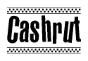 The image is a black and white clipart of the text Cashrut in a bold, italicized font. The text is bordered by a dotted line on the top and bottom, and there are checkered flags positioned at both ends of the text, usually associated with racing or finishing lines.