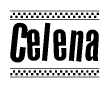 The image contains the text Celena in a bold, stylized font, with a checkered flag pattern bordering the top and bottom of the text.