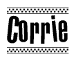 The image contains the text Corrie in a bold, stylized font, with a checkered flag pattern bordering the top and bottom of the text.