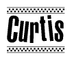 The image contains the text Curtis in a bold, stylized font, with a checkered flag pattern bordering the top and bottom of the text.