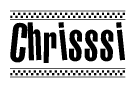 The image is a black and white clipart of the text Chrisssi in a bold, italicized font. The text is bordered by a dotted line on the top and bottom, and there are checkered flags positioned at both ends of the text, usually associated with racing or finishing lines.