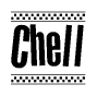 The image is a black and white clipart of the text Chell in a bold, italicized font. The text is bordered by a dotted line on the top and bottom, and there are checkered flags positioned at both ends of the text, usually associated with racing or finishing lines.