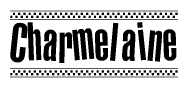 The clipart image displays the text Charmelaine in a bold, stylized font. It is enclosed in a rectangular border with a checkerboard pattern running below and above the text, similar to a finish line in racing. 