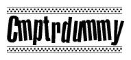 The image is a black and white clipart of the text Cmptrdummy in a bold, italicized font. The text is bordered by a dotted line on the top and bottom, and there are checkered flags positioned at both ends of the text, usually associated with racing or finishing lines.
