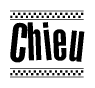 The image is a black and white clipart of the text Chieu in a bold, italicized font. The text is bordered by a dotted line on the top and bottom, and there are checkered flags positioned at both ends of the text, usually associated with racing or finishing lines.