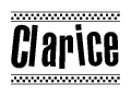 The image is a black and white clipart of the text Clarice in a bold, italicized font. The text is bordered by a dotted line on the top and bottom, and there are checkered flags positioned at both ends of the text, usually associated with racing or finishing lines.