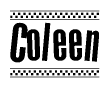 The image contains the text Coleen in a bold, stylized font, with a checkered flag pattern bordering the top and bottom of the text.