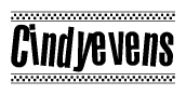 The clipart image displays the text Cindyevens in a bold, stylized font. It is enclosed in a rectangular border with a checkerboard pattern running below and above the text, similar to a finish line in racing. 