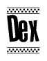The image contains the text Dex in a bold, stylized font, with a checkered flag pattern bordering the top and bottom of the text.