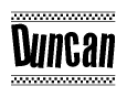 The image contains the text Duncan in a bold, stylized font, with a checkered flag pattern bordering the top and bottom of the text.