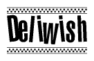 The image is a black and white clipart of the text Deliwish in a bold, italicized font. The text is bordered by a dotted line on the top and bottom, and there are checkered flags positioned at both ends of the text, usually associated with racing or finishing lines.