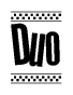 The image contains the text Duo in a bold, stylized font, with a checkered flag pattern bordering the top and bottom of the text.