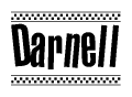 The image is a black and white clipart of the text Darnell in a bold, italicized font. The text is bordered by a dotted line on the top and bottom, and there are checkered flags positioned at both ends of the text, usually associated with racing or finishing lines.